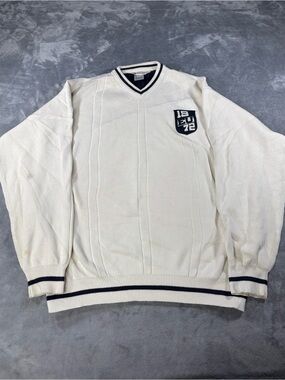 Ecko Unlimited White V-Neck Sweater with Navy Trim
